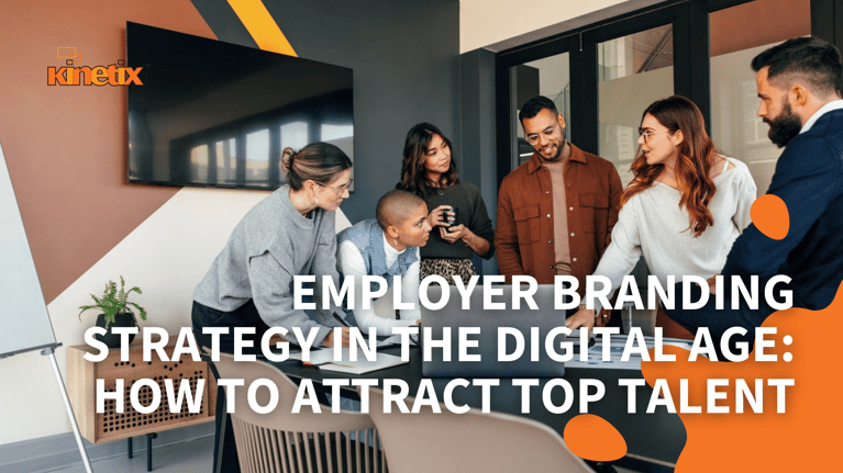 Team collaborating around a laptop during a workplace meeting, representing a strong employer branding strategy and employee experience.