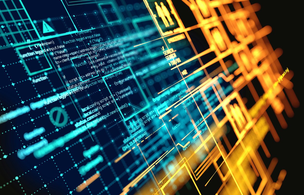 Illustration of futuristic information programming code with data connections and network patterns